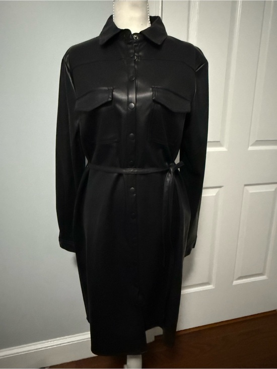 Truth By Republic Jackets & Blazers - Black Faux-Leather Trench Coat Dress with Self-Tie Belt